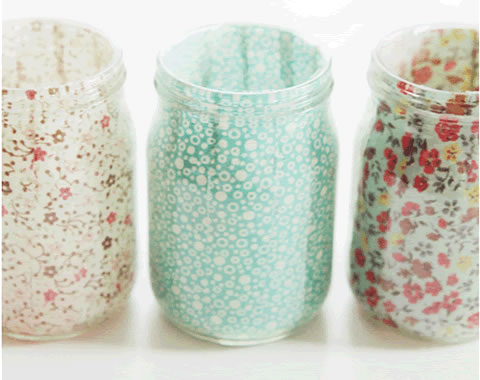 Porta velas con frascos y tela 1